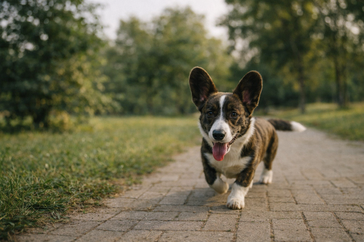 Tricolor Welsh Corgi puppy Nuggy walking in a park during a daily walk