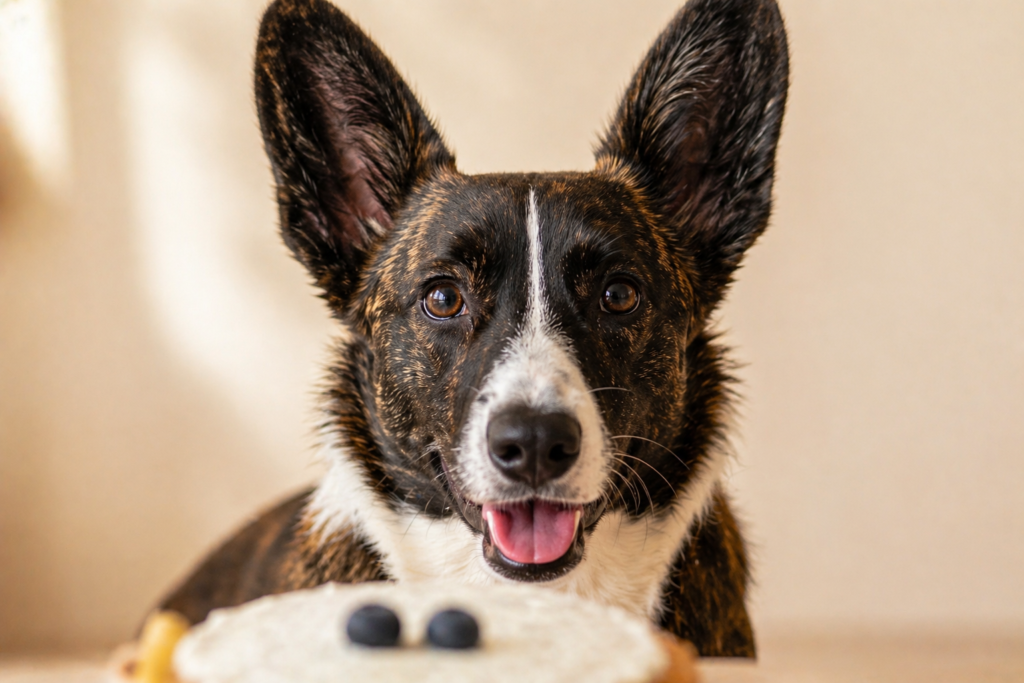 Happy Cardigan Corgi with tongue out looking at decorated dog birthday cake with yogurt frosting