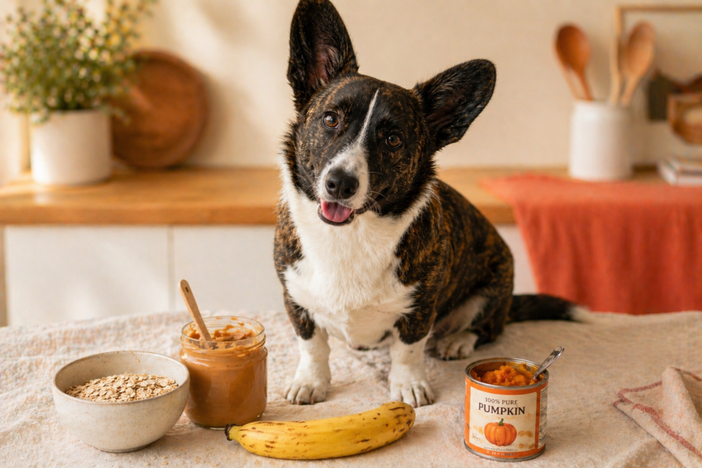 Cardigan Corgi dog sitting near peanut butter oats banana and pumpkin baking ingredients