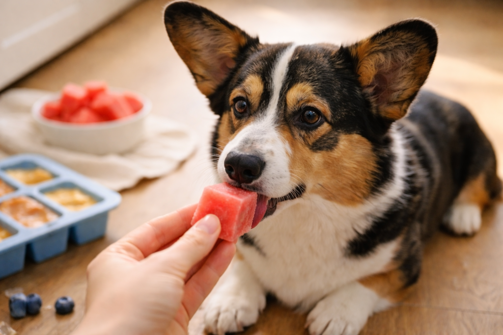 Cardigan Corgi licking a pink watermelon frozen treat cube on kitchen floor
