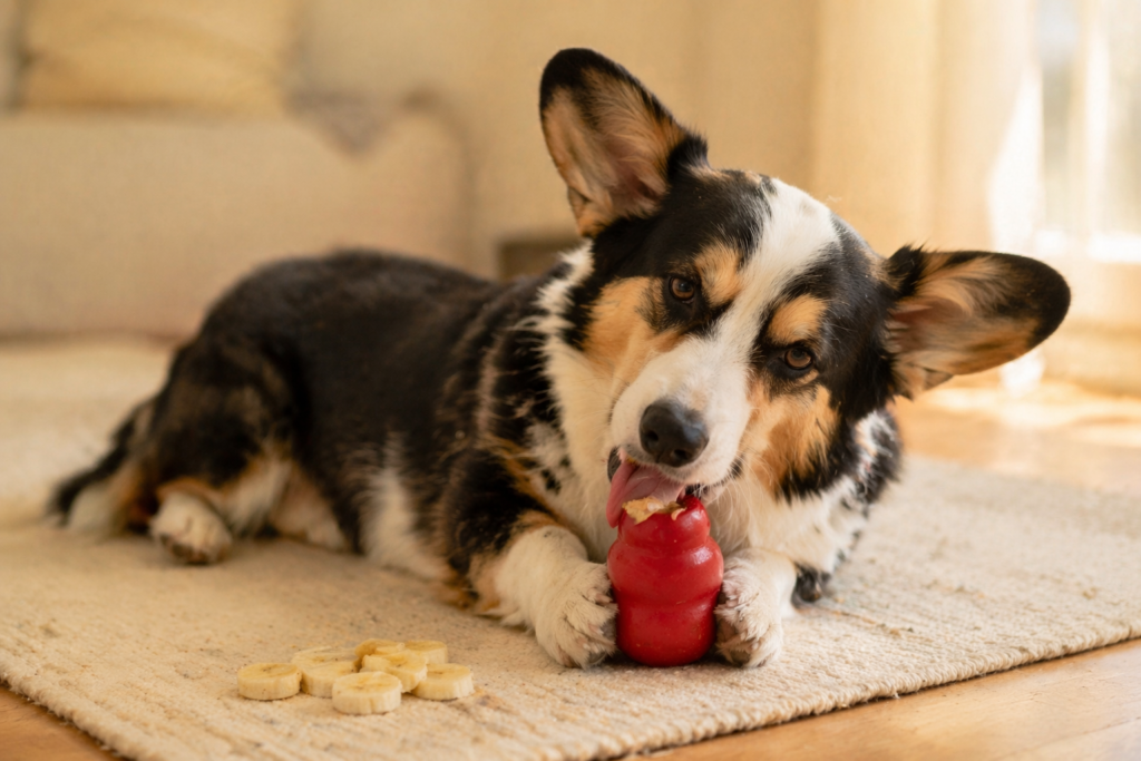 Cardigan Corgi on cream rug with frozen peanut butter Kong toy between paws