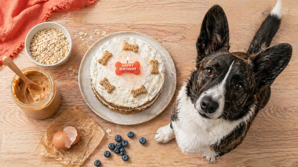 Homemade dog birthday cake with peanut butter frosting on wood surface with corgi paw