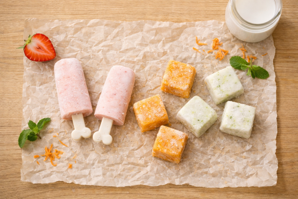 Strawberry coconut, carrot apple, and mint yogurt frozen dog treats on parchment