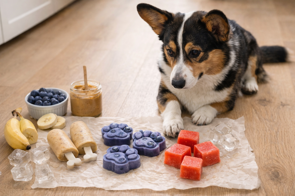 Cardigan Corgi with colorful homemade frozen dog treats on kitchen floor