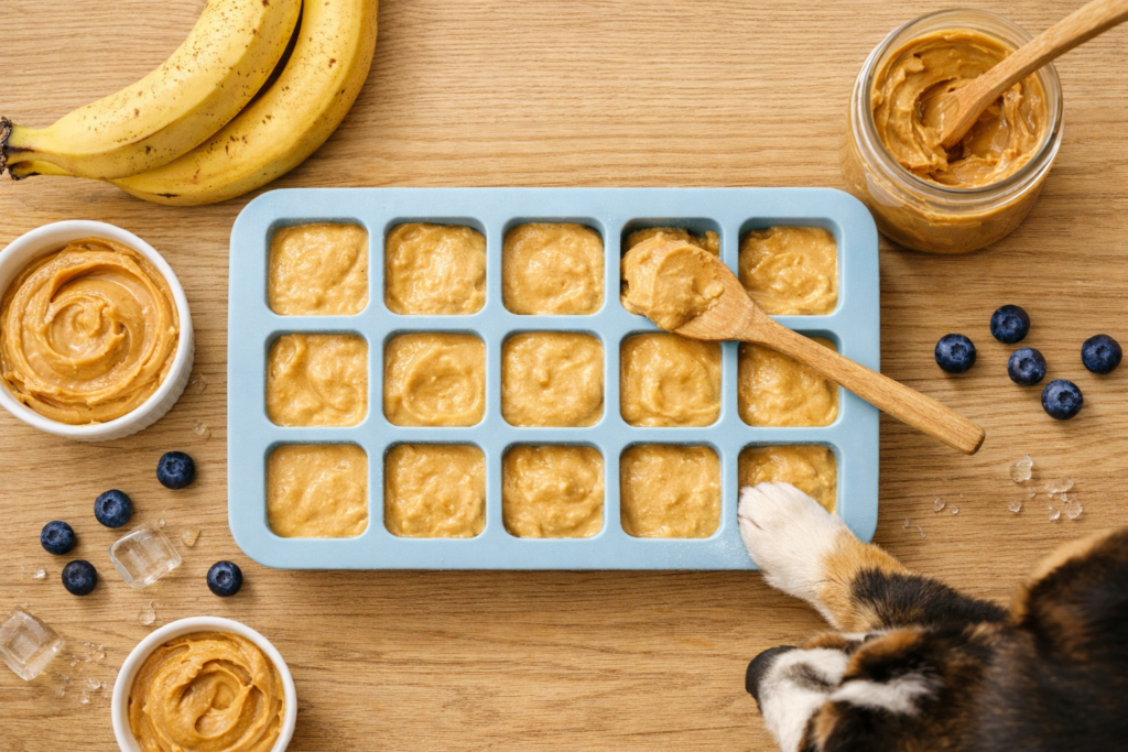 Peanut butter banana frozen dog treat mixture in silicone tray with ingredients