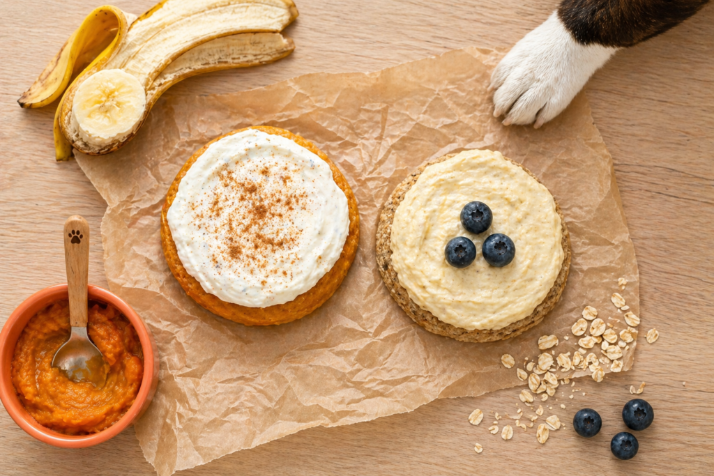 Pumpkin dog cake and banana oat dog cake side by side on parchment paper with corgi paw