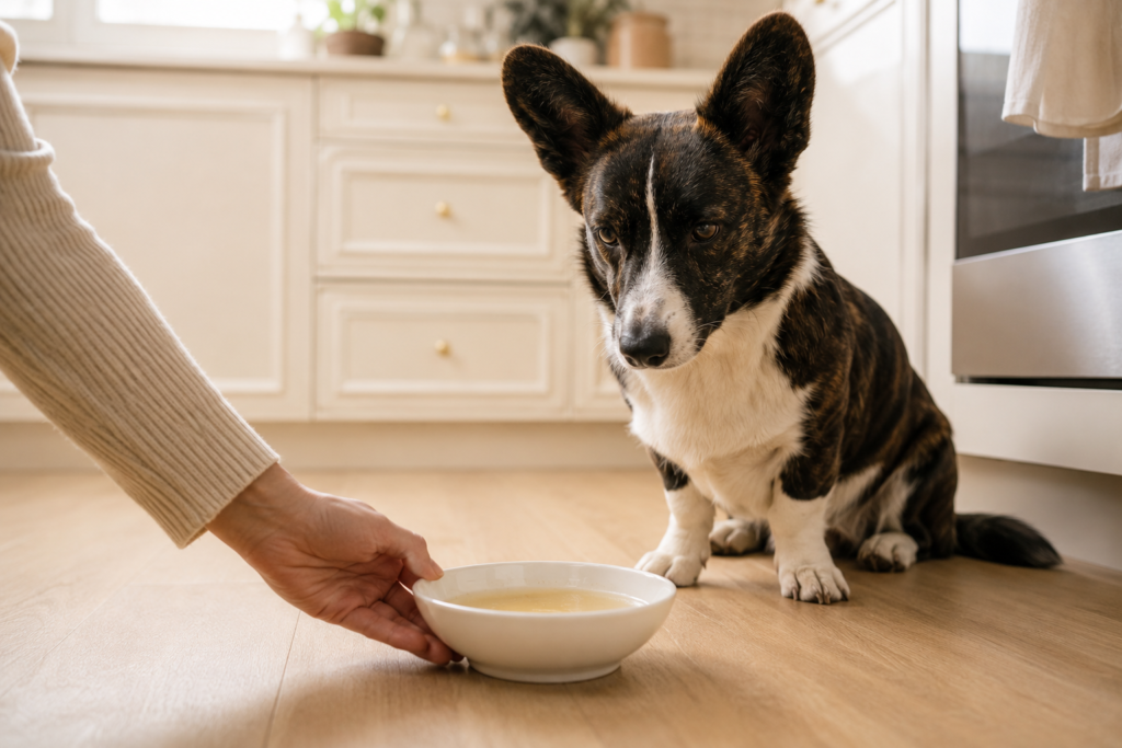 Person offering bone broth to a Corgi as a home remedy for dog upset stomach