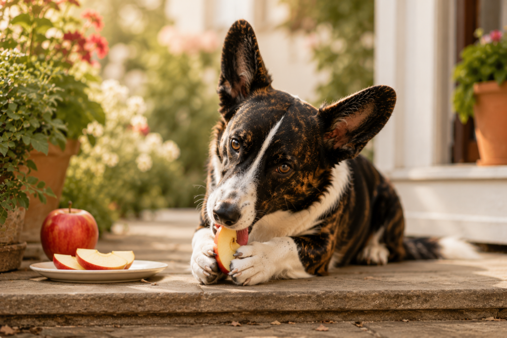 can-dogs-eat-apples-eating-inline Cardigan Corgi happily crunching an apple slice outdoors in warm sunlight