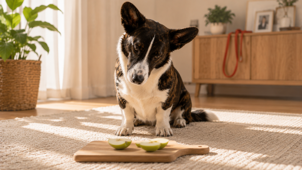 can-dogs-eat-apples-hero Cardigan Corgi looking curiously at an apple slice on a cutting board