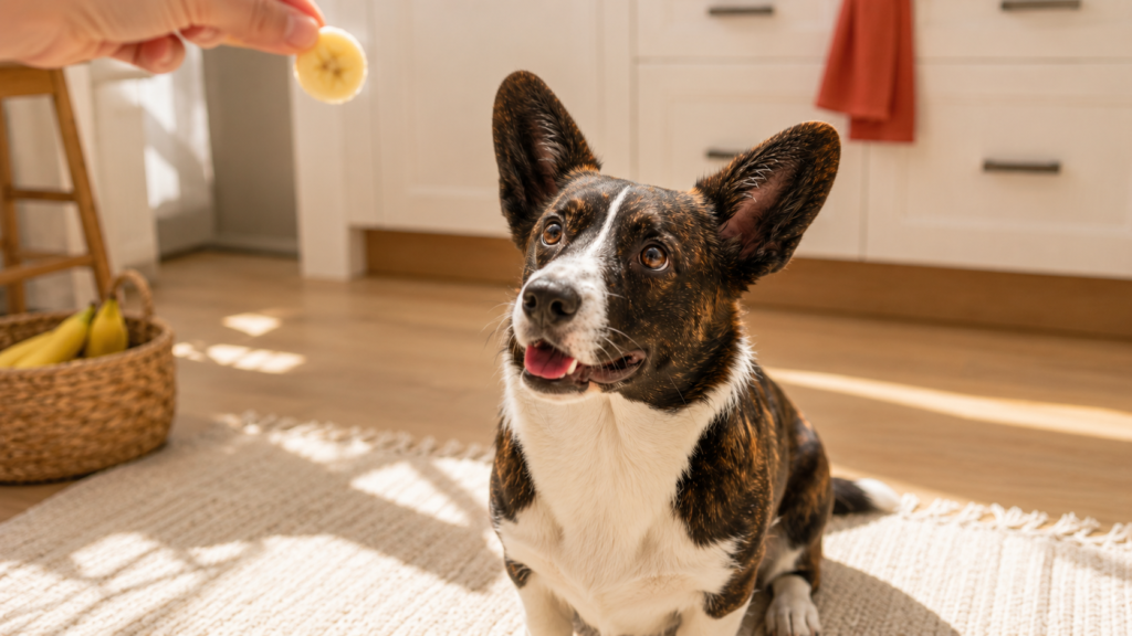 Cardigan Corgi looking eagerly at a banana slice — bananas are safe for dogs in moderation