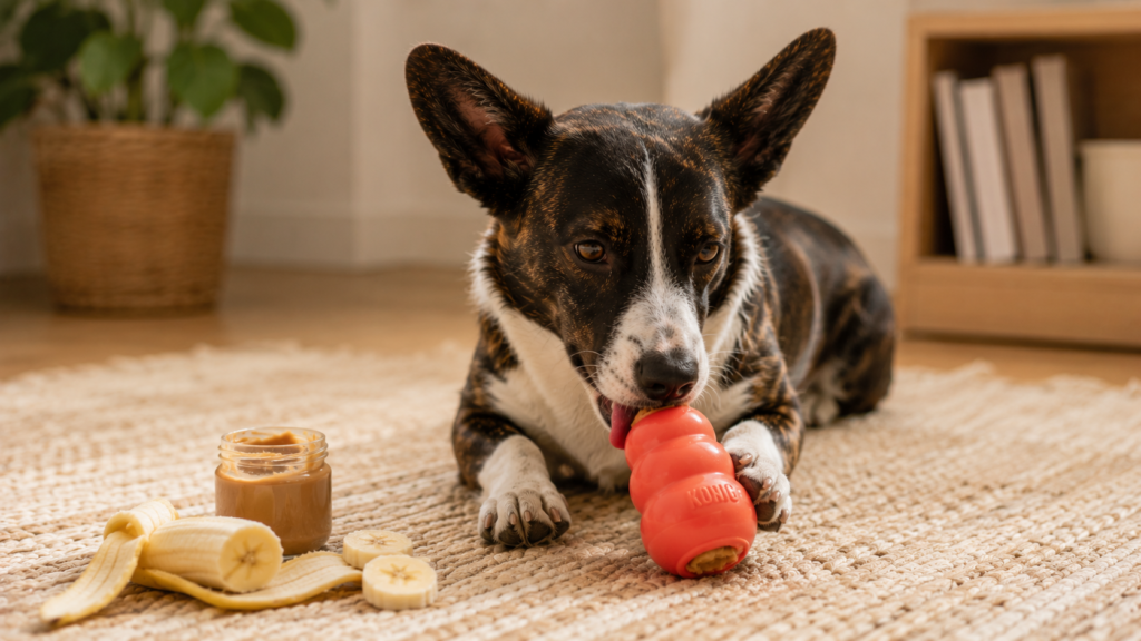 can-dogs-eat-bananas-kong-treat-inline Cardigan Corgi enjoying a banana-stuffed KONG toy on a rug