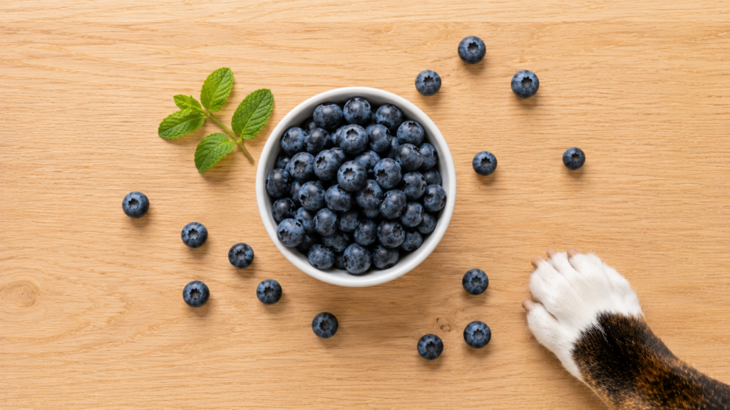 Fresh blueberries in a white ceramic bowl on a wooden surface — a healthy treat for dogs