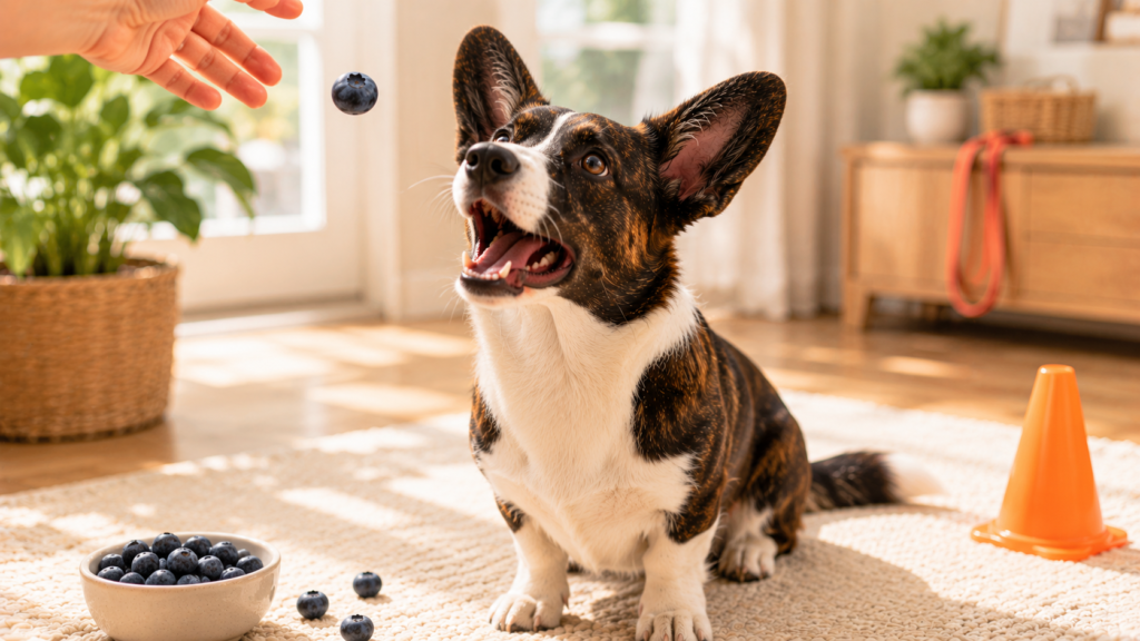 Cardigan Corgi catching a blueberry mid-air during a training session