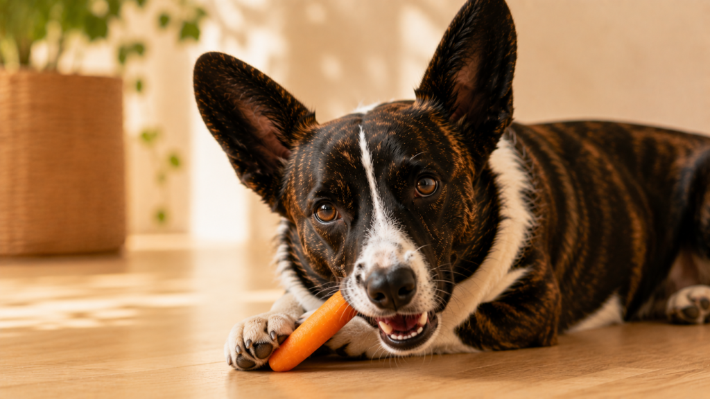 Cardigan Welsh Corgi happily chewing a carrot on a wooden floor