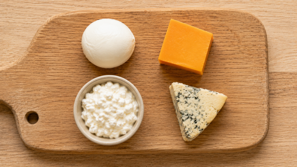 Cheese varieties on a cutting board showing safe options and types to avoid for dogs