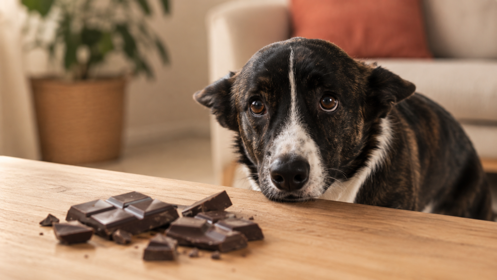 Cardigan Corgi with guilty expression near dark chocolate — chocolate is toxic to dogs
