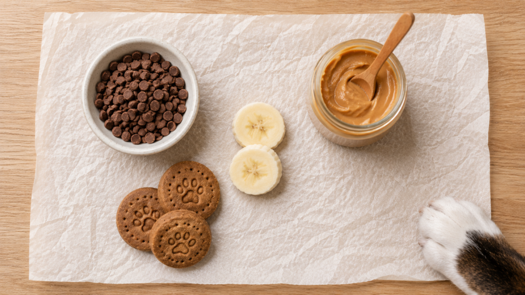 Dog-safe chocolate alternatives — carob chips, peanut butter, banana, and carob dog biscuits