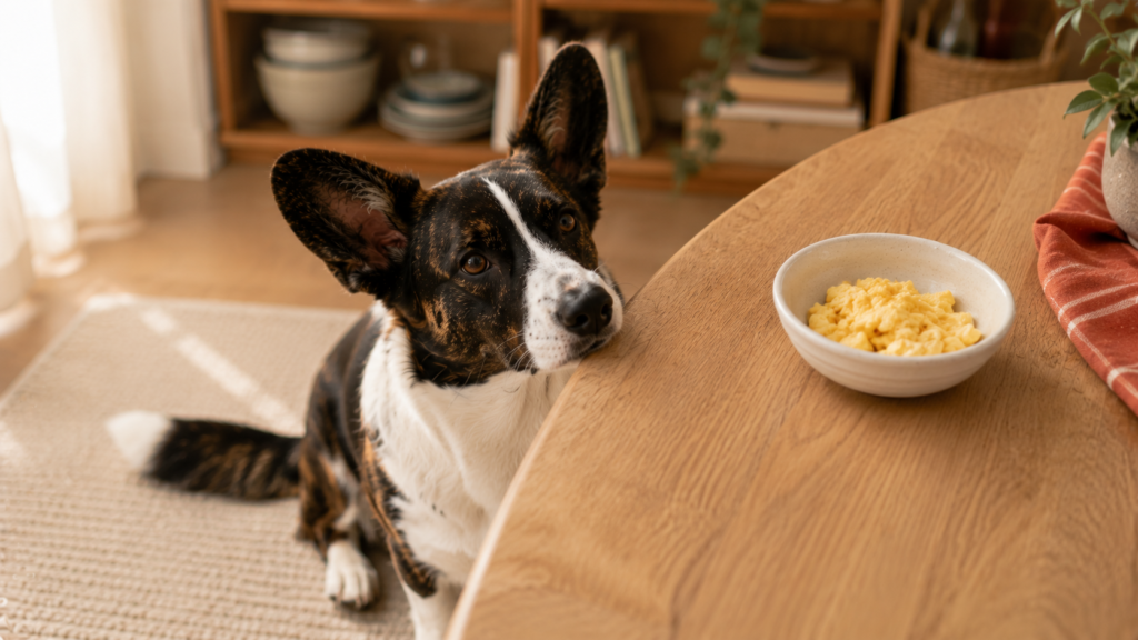 can-dogs-eat-eggs-hero Cardigan Corgi looking hopefully at a bowl of plain scrambled egg — eggs are safe for dogs when cooked