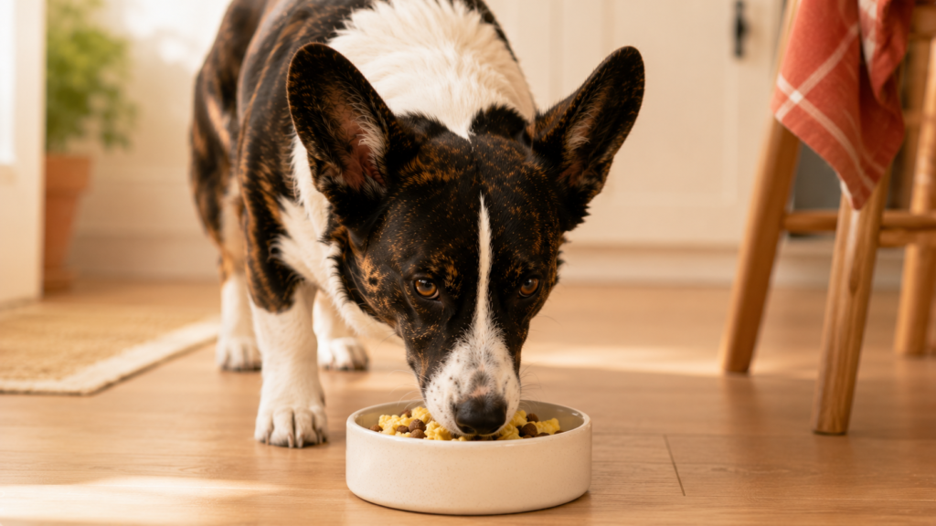can-dogs-eat-eggs-serving-inline Cardigan Corgi eating plain scrambled egg mixed with kibble from a white bowl on a kitchen floor