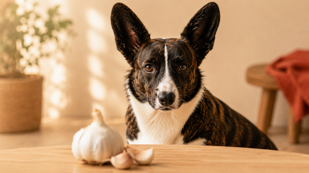 can-dogs-eat-garlic-hero Cardigan Welsh Corgi looking worried at garlic cloves on a wooden surface