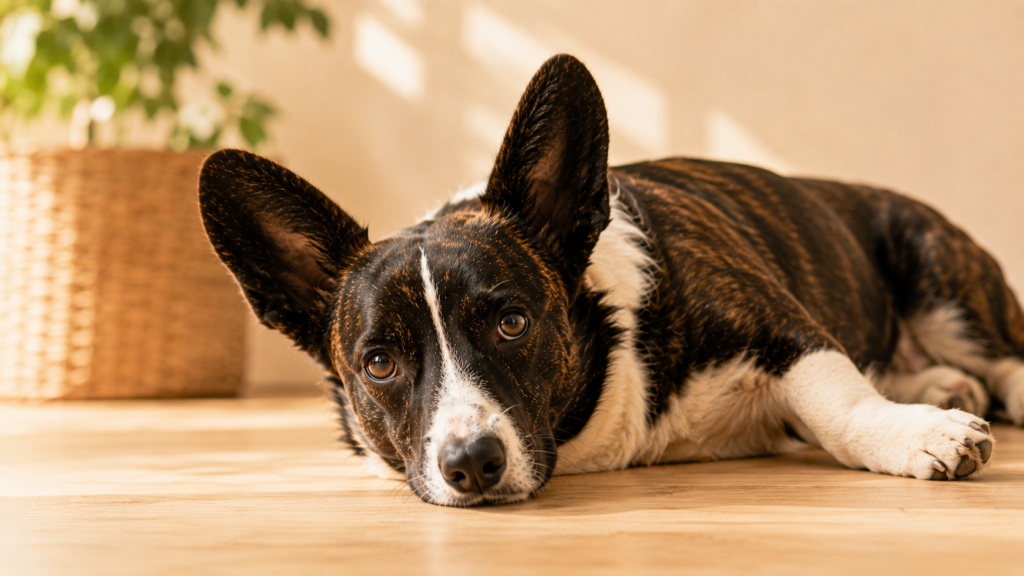 can-dogs-eat-garlic-symptoms-inline Cardigan Welsh Corgi lying down with a tired, unwell expression
