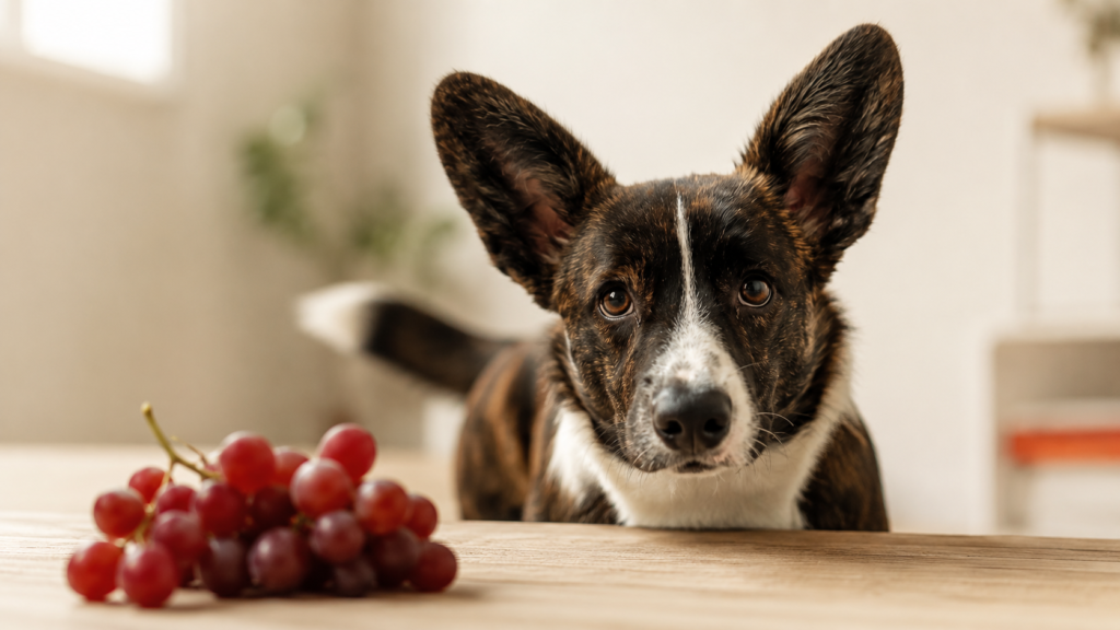 Cardigan Corgi looking alert near grapes — grapes are toxic to dogs