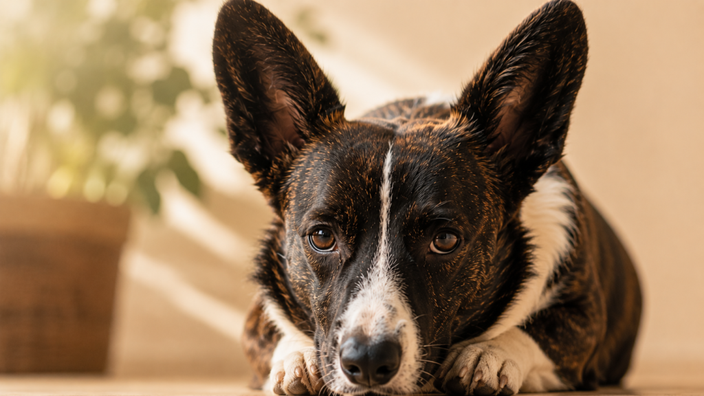 Cardigan Welsh Corgi with a tired expression looking downward