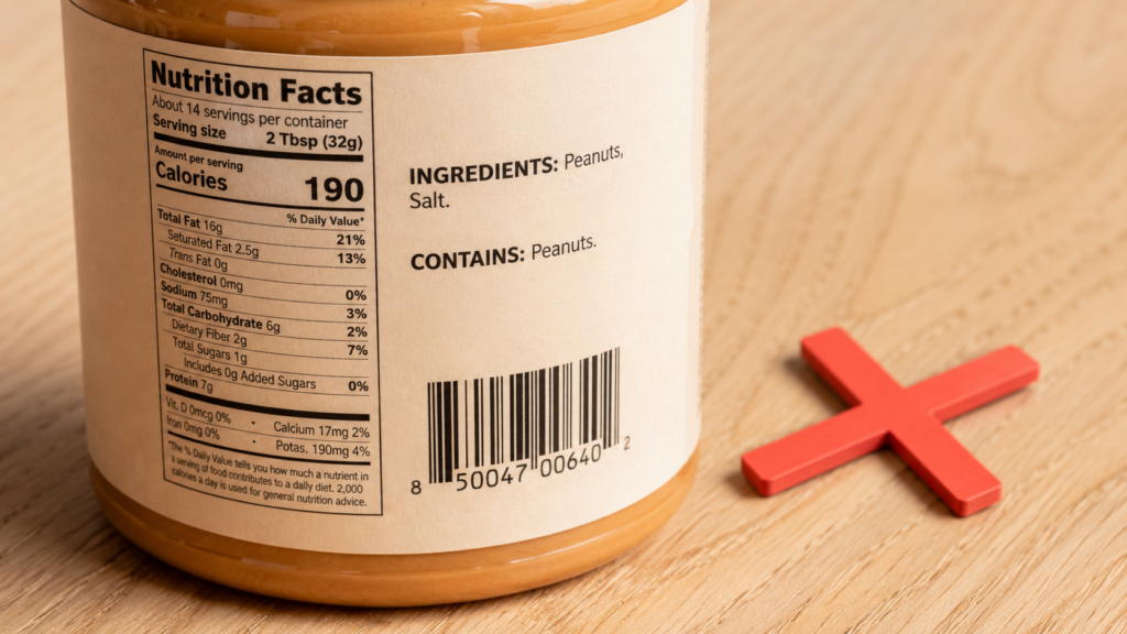 Peanut butter jar label showing simple ingredient list without xylitol