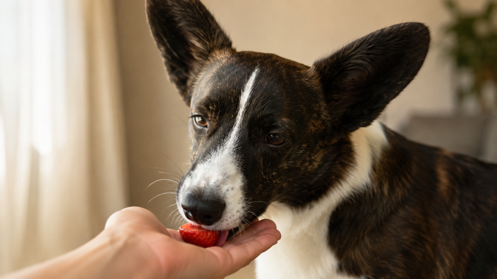 Cardigan Welsh Corgi gently taking a strawberry piece from a hand