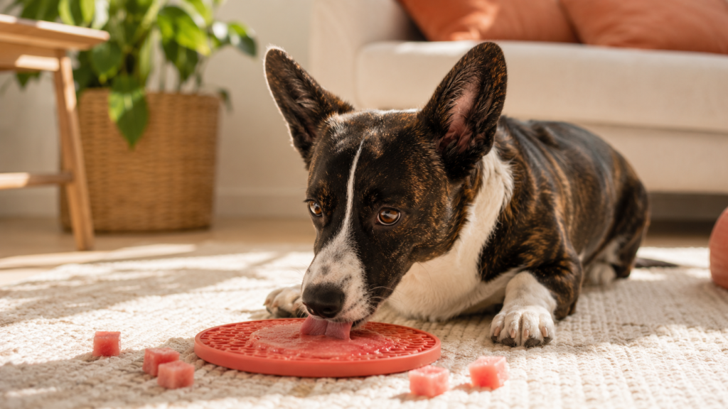can-dogs-eat-watermelon-frozen-treat-inline Cardigan Corgi enjoying a frozen watermelon treat on a lick mat on a sunny day