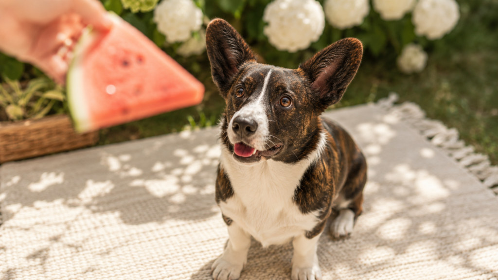 Cardigan Corgi looking eagerly at a slice of watermelon on a sunny day