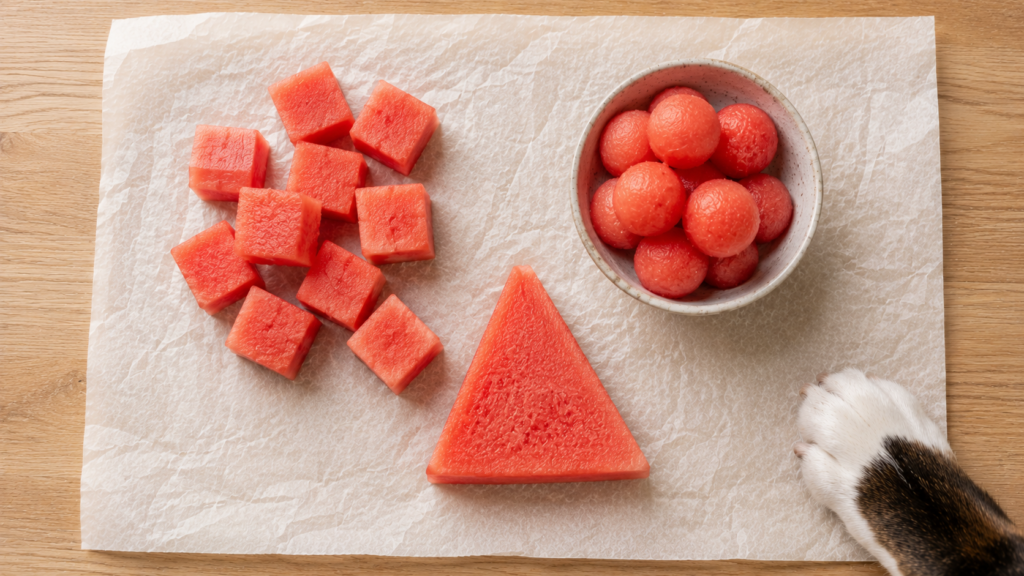 can-dogs-eat-watermelon-preparation-inline Seedless watermelon pieces cut into dog-safe bite-sized chunks on a wooden surface