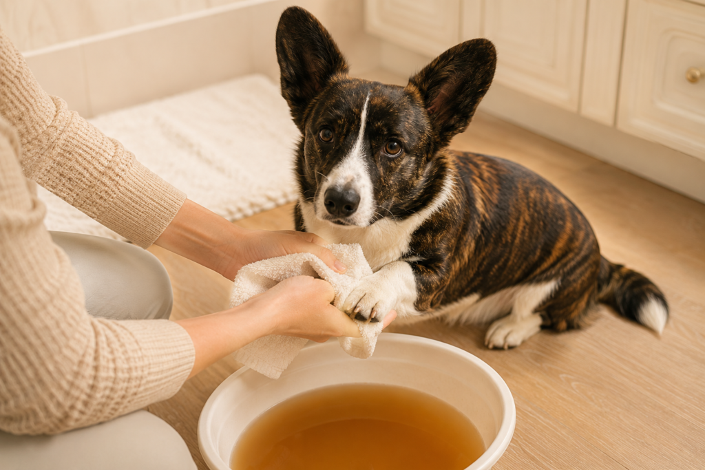 Person soaking a Corgi's paw in chamomile tea for natural dog itching relief