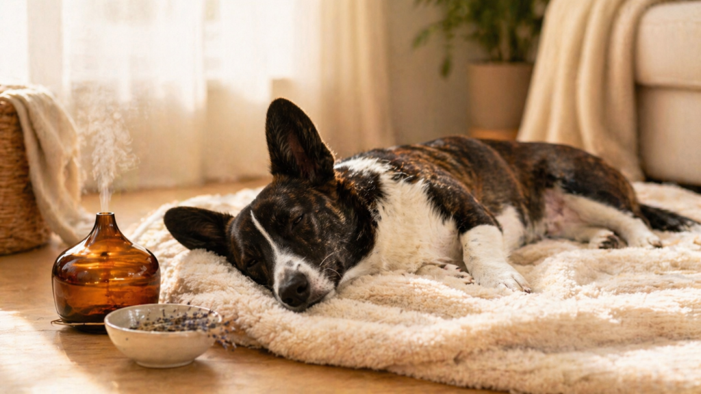 Relaxed Corgi lying on cream blanket beside essential oil diffuser in sunlit living room