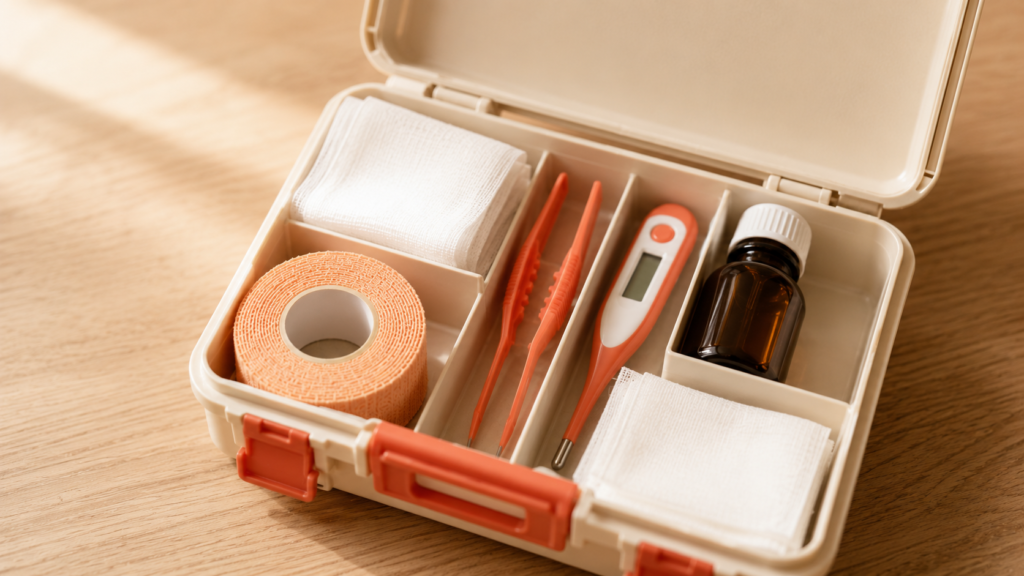 dog-first-aid-kit-contents-inline Open dog first aid kit showing organised contents including bandages and tweezers
