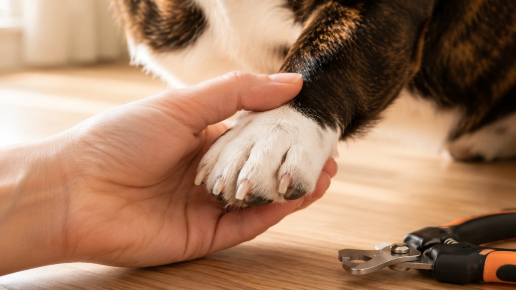 dog-nail-trimming-at-home-hero Human hand gently holding a Corgi paw showing the nails, with nail clippers nearby
