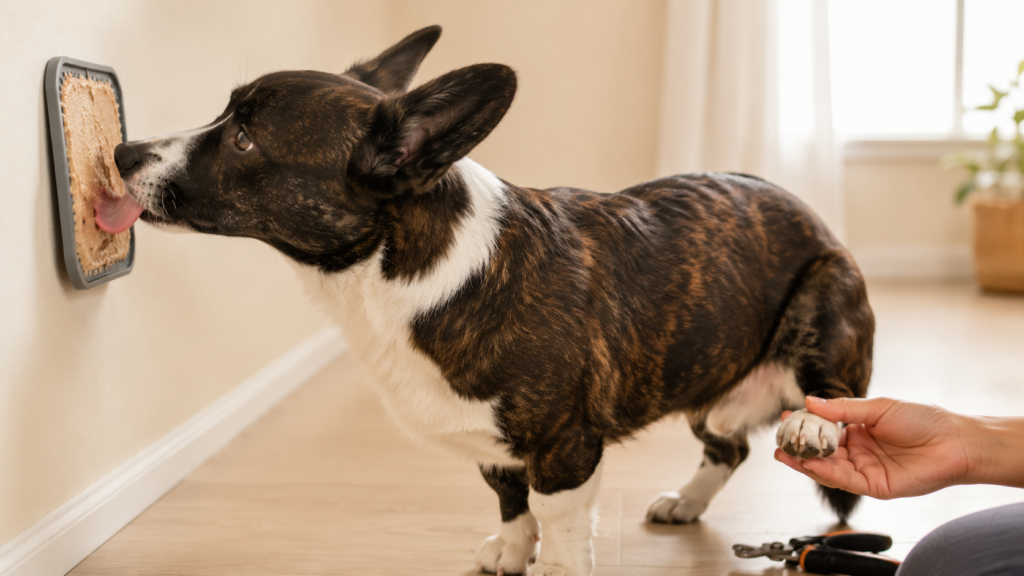 dog-nail-trimming-lick-mat-distraction-inline Corgi licking a lick mat on the wall while its paw is gently held for nail trimming