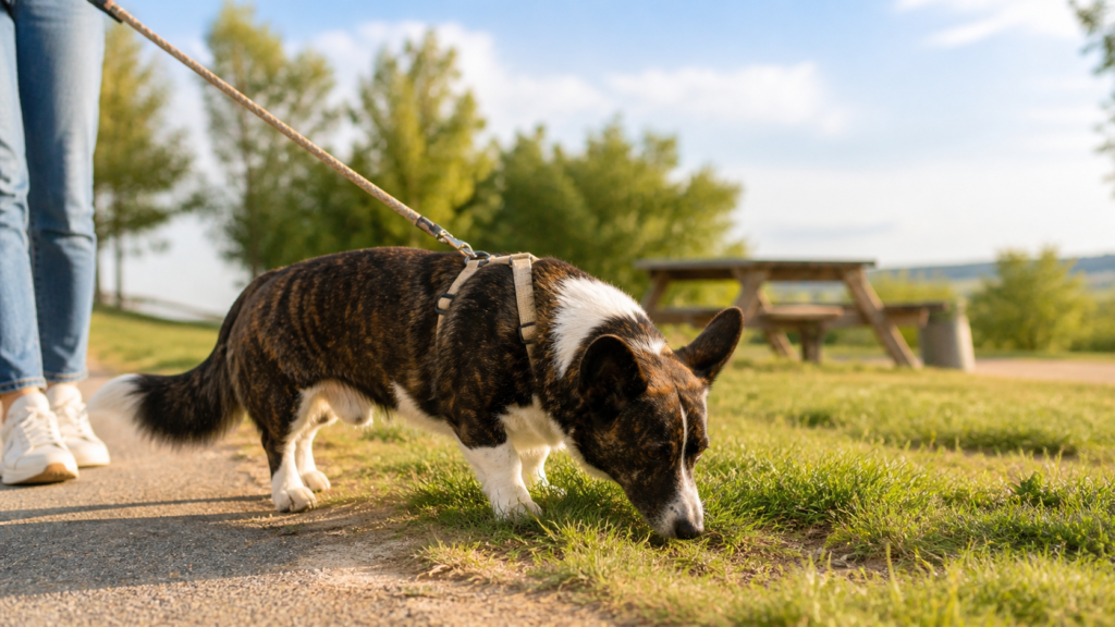 Cardigan Corgi on leash sniffing grass at roadside rest stop during road trip