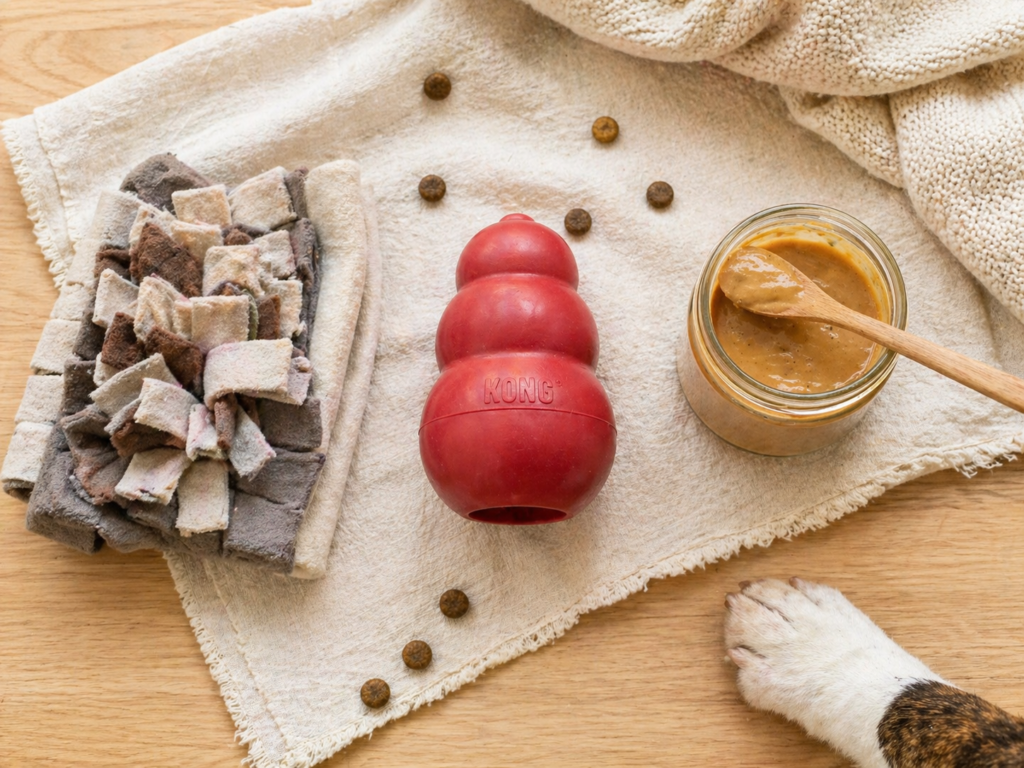 KONG toy, snuffle mat, and peanut butter flat lay — enrichment tools for dogs with separation anxiety