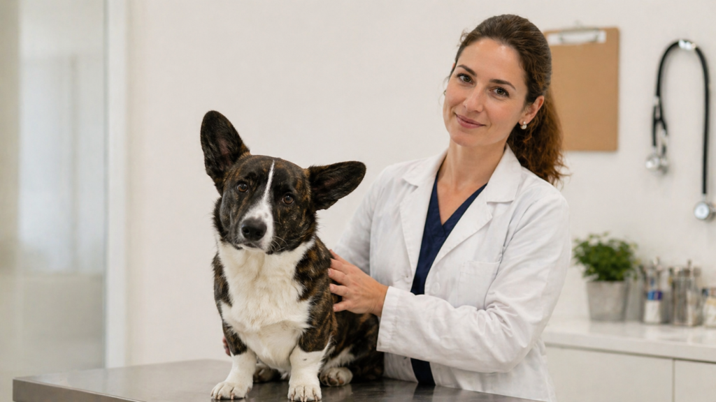 Cardigan Corgi sitting calmly on veterinary table with vet's hand on his back