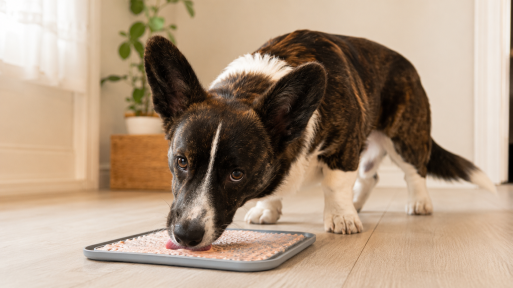 dog-summer-safety-frozen-lickmat-inline Cardigan Welsh Corgi licking a frozen lick mat as a summer cooling treat