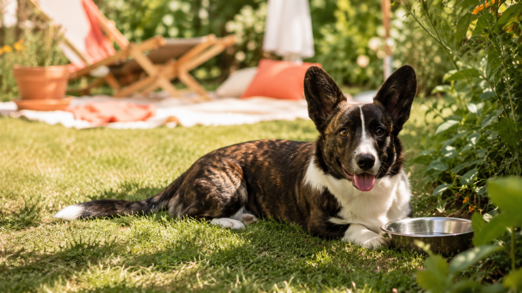 dog-summer-safety-hero Cardigan Welsh Corgi resting in the shade on a summer day with a water bowl nearby