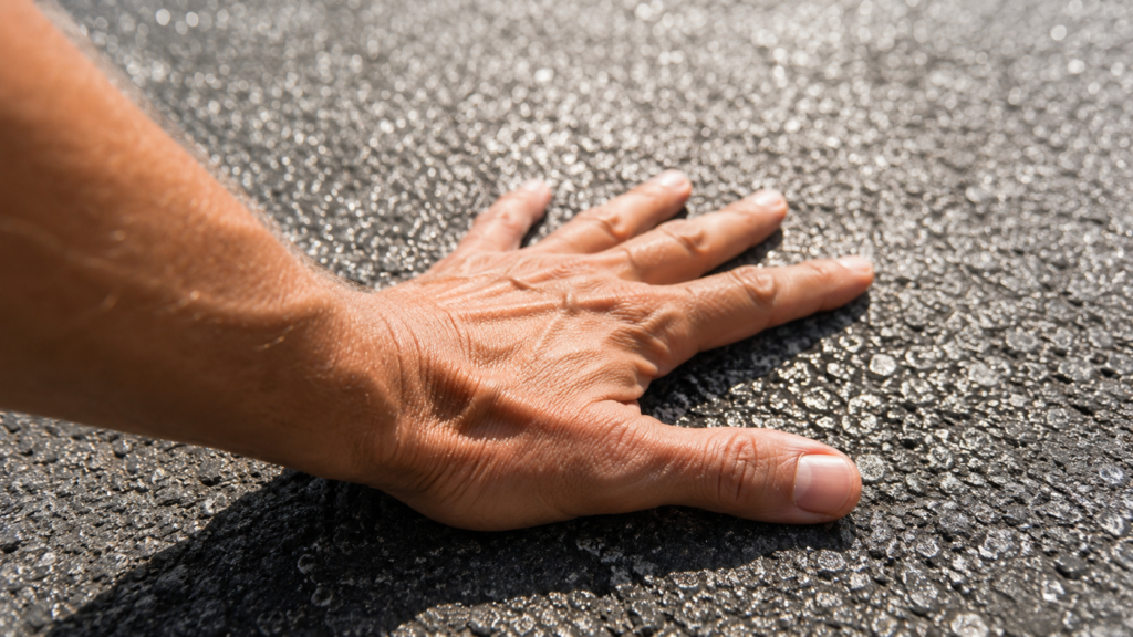 dog-summer-safety-pavement-test-inline Back of a hand pressed against hot pavement to test the temperature for dogs