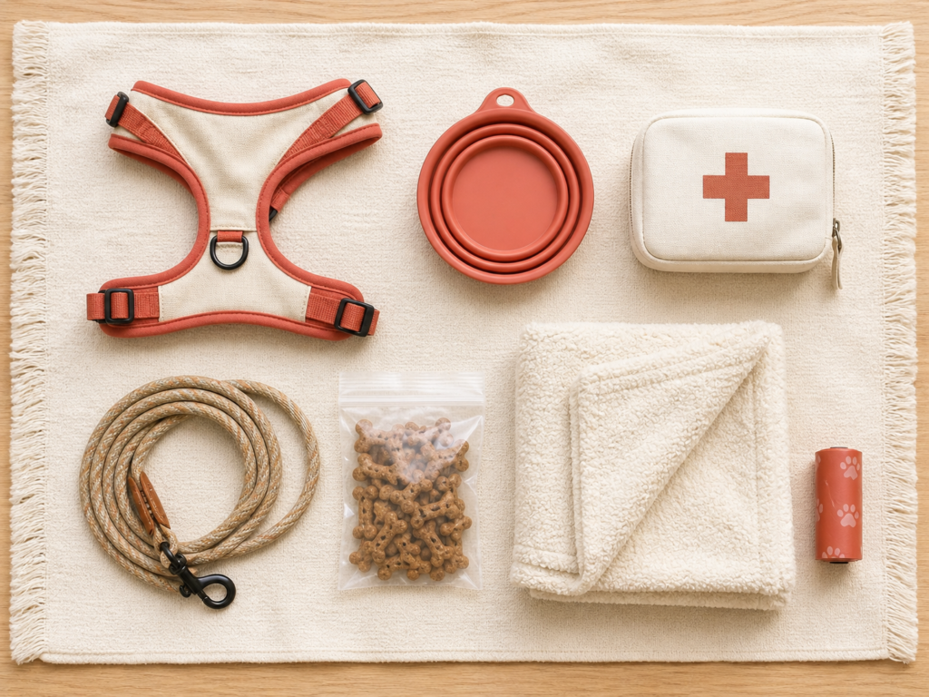 Dog travel essentials flat lay — harness, water bowl, first aid kit, leash, treats, and blanket
