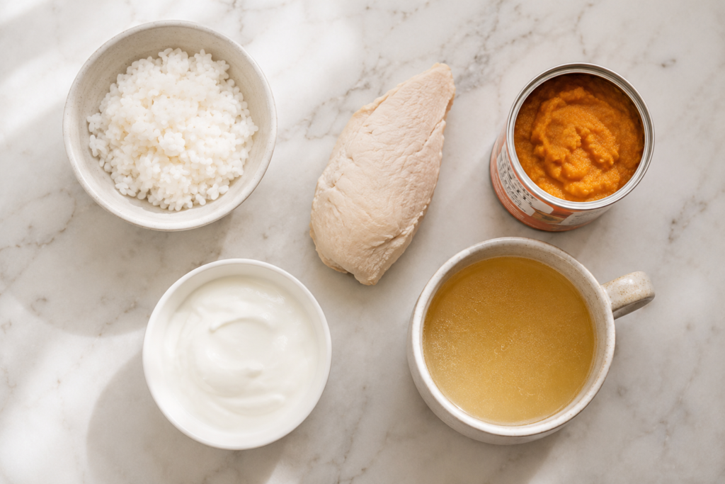 Home remedies for dog upset stomach flat lay — bland diet, pumpkin, yogurt, bone broth