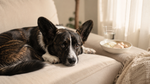 Tired Cardigan Corgi resting on couch next to bland diet of rice and chicken for upset stomach