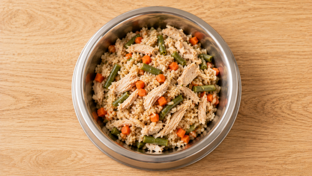 Homemade chicken and rice dog food in a stainless steel bowl on a wooden surface