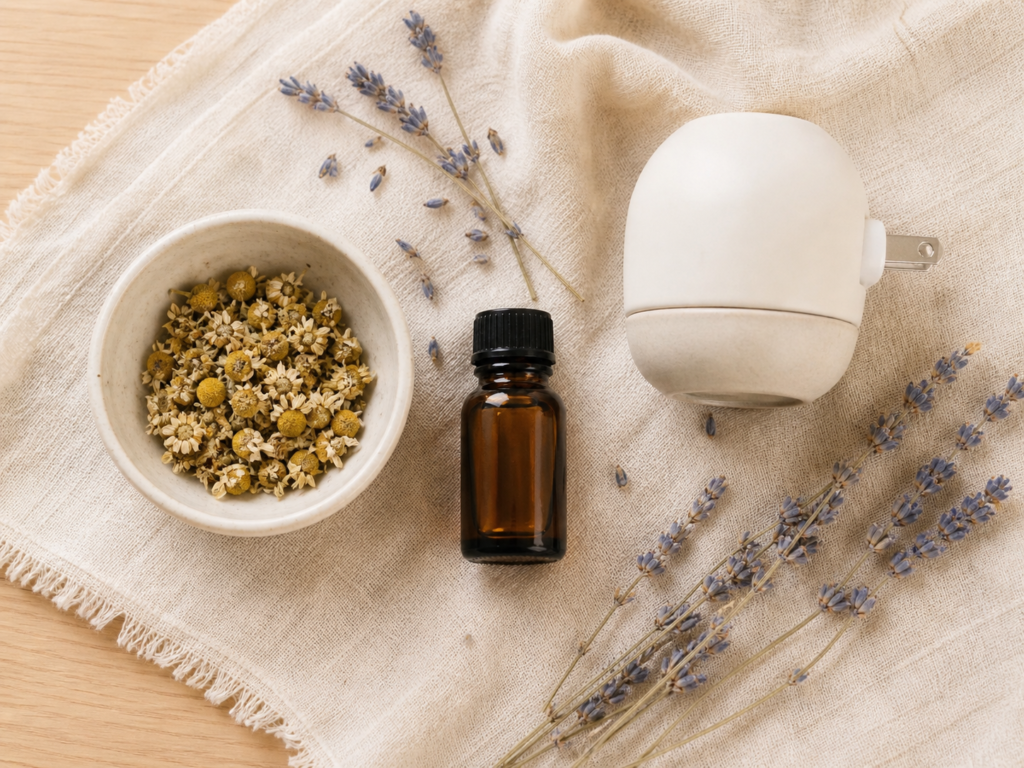 Lavender essential oil, dried lavender, chamomile, and diffuser flat lay for dog aromatherapy
