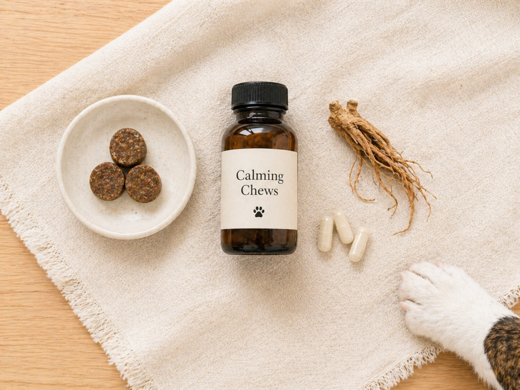 Natural dog calming supplements flat lay — calming chews, valerian, and melatonin on cream linen