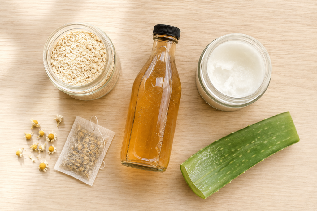 Natural dog itching remedies flat lay — oatmeal, apple cider vinegar, coconut oil, aloe vera, chamomile